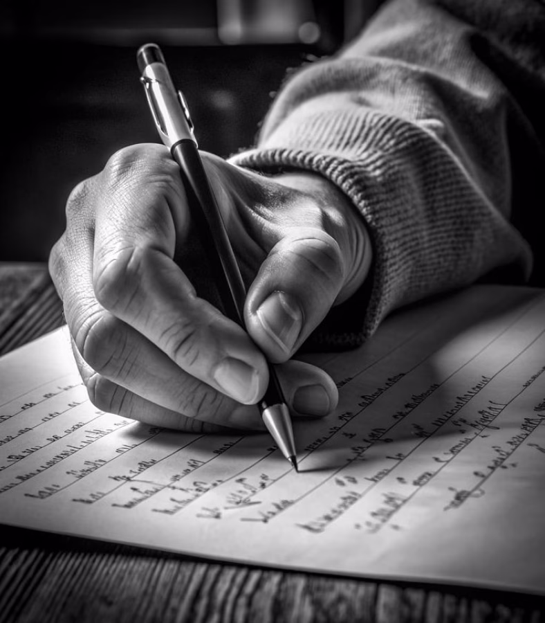 Photograph of a hand writing on a sheet of paper